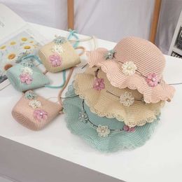 Caps Hats Summer Childrens Straw Hat+Shoulder Bag Outdoor Vacation Bag Childrens and Girls Beach 2-piece Set Cute Flower Sun Hat 2-8 Years Old d240509