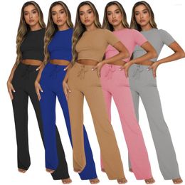 Women's Two Piece Pants European And American Spring Summer Products Threaded Short Top Drawstring Set Two-piece