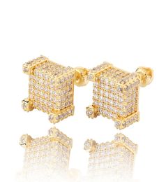 Hip Hop 18K Gold Plated Earrings for Men Gold Silver Iced Out CZ Square Stud Earring With Screw Back Jewelry1288785