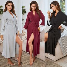 Women's Robe Sexy V-Neck Nightgown Spring Autumn Bathrobe Loungewear Lace Sleeve Home Dressing Gown Long Kimono Gown Lady Cotton Robe