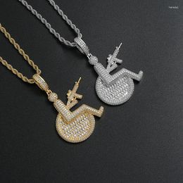 Pendant Necklaces Hip Hop Claw Setting CZ Stone Bling Iced Out Disabled Holding A Gun Pendants For Men Rapper Jewelry Drop