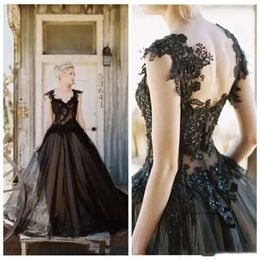 Vintage Elegant Black Tulle Lace Applique A-line Wedding Dresses Cheap Gothic Beaded Backless Long Bridal Gowns Custom 0509