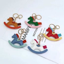 Keychains Lanyards Women Leather Charms Bag Pendant KeyChain Cartoon Pony Rocking Horses Keyring Cute Animal Ornament Accessories Decoration Gift J240509