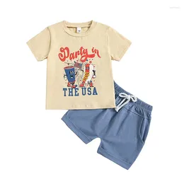 Clothing Sets VISgogo Toddler Boy 4th Of Julty Outfit Letter Cartoon Print Short Sleeve Round Neck T-Shirt With Solid Color Shorts