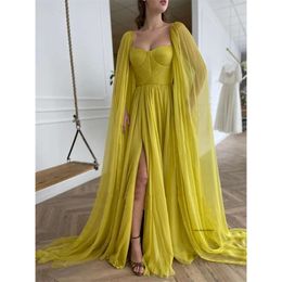 2021 Elegant Citrine Yellow Silk Chiffon Prom Dresses With Long Cape A Line Sweetheart Pleats Side Slit Evening Gowns 0509