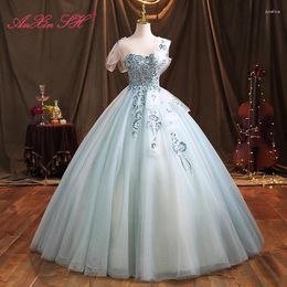 Party Dresses AnXin SH Vintage Baby Blue Lace Flower O Neck Sparkly Beading Crystal Big Bow Ball Gown Princess Bride Evening Dress