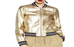 New Metal Textured Women Baseball Tops Golden Silver Bright PU Faux Leather Bomber Jacket Windbreaker Outerwear Leren Jas Dames1829197772