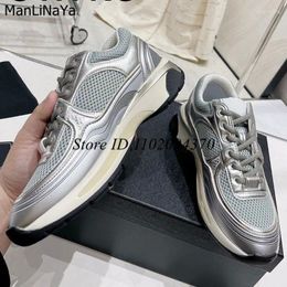 Casual Shoes Lace Up Woman Silver Genuine Leather Platform Flats Tennis Thick Sole Women's Sneakers Unisex