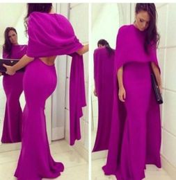 Simple Fuschia Mermaid Evening Gowns with Cape Dubai Kaftan Arabic Abaya Party Dress Lady Formal Dresses Satin Prom Dress vestidos1300343