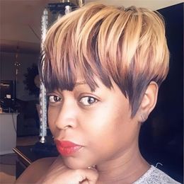 Pixie Cut Wigs for Black Women Human Hair Short Bob Wigs with Bangs Black Mixed Brown Highlight Colour Wigs African American Mixed Colour