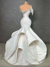 Tiered Prom Custom Made Made Beded Pearls Formal Formal Party 2024 아랍어 두바이 인어 이브닝 드레스 0509