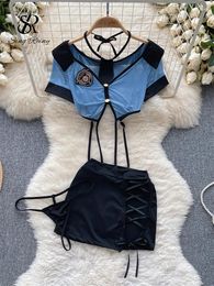 Work Dresses SINGREINY Women Preppy Style Sexy Uniform Sets 2024 V Neck Sheer Top Lace Up Mini Skirt Thongs Hollow Out Cosplay Porn Suits