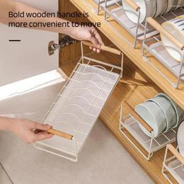 Kitchen Storage Dish Pan Plate Draining Rack Wooden Handle With Silicone Anti-slip Pad Vertical Waterproof Countertop Organizer