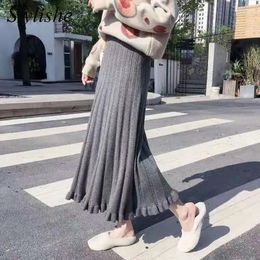 Skirts Ruffle Long Skirt Autumn Winter Korean Style High Waisted Knitted Midi Women Grey Elegant Chic A Line Ribbed Green