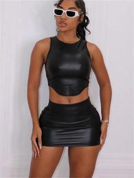 Work Dresses Habbris Summer Black PU Leather 2 Two Piece Skirt Sets Night Club Outfits For Women 2024 Sleeveless Bodycon Crop Tops