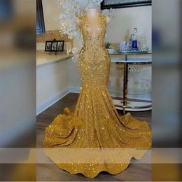 Sparkly Gold Sheer O Neck Long Prom Dress For Black Girls Beaded Crystal Diamond Birthday Party Gown Tassel Evening Dresses 0509
