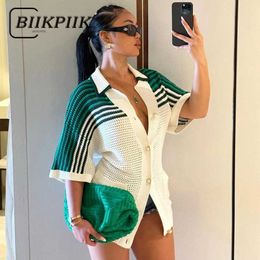 Basic Casual Dresses Two Piece Dress BIKPIIK Fashion Stripe Applique Long Tee Button Sexy Womens Flip Collar Slim Knitted Street Clothing Ultra Thin SetL2405