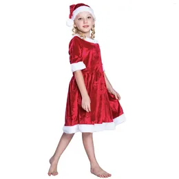 Girl Dresses Toddler Christmas Cosplay Dress Set Contrast Colour Short Sleeve Round Neck Velvet A-Line Hat
