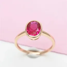 Cluster Rings 585 Purple Gold Plated 14K Rose Inlaid Oval Simple Ruby For Couples Charm Elegant And Refined Romantic Jewelry