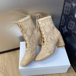 Boots Autumn Winter Women Ankle Fashion Embroider Natural Kid Suede High Heels Runway Square Toe Party