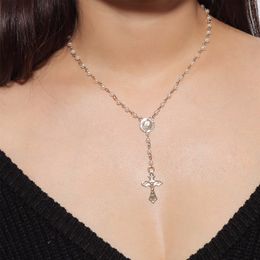 Sparkly Cross Pendant Choker Necklace Long Imitation Pearl Beaded Chain Rosary Madonna Coin Necklaces Pendants Religious Jewellery 3170