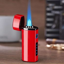 New Electric Power Display Light Button 3 Fire Straight Flush With Cigar Drill Blue Flame Metal Lighter