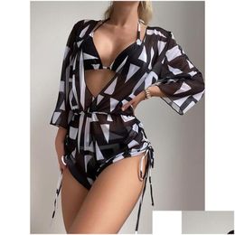 Swim Wear 2023 New 3 Piece Bikini Set High Waist Swimsuit Women Long Sleeve Er Up Print Halte Ggitys Channels Burburriness Luis Louies Otpb5