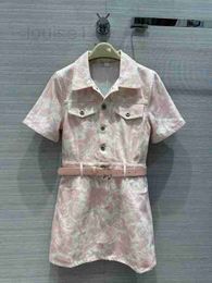luxury Casual Dresses designer Summer pink Rose series printed denim short-sleeved dress Classic jacket lapel H 5XTY