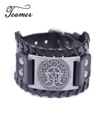 Charm Bracelets Teamer Brand Easy Buckle Wide Leather Tree Of Life Triple Moon Goddess Bracelet Pentagram Wiccan Amulet MTeen Bang4249321