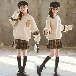 Clothing Sets Autumn Winter Girls Clothes Teenager Bear Hoodie T Shirt Plaid Shorts JK Pleated Skirt 2pcs 4 5 6 7 8 9 10 11 12 Years