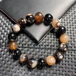 Link Bracelets 12MM Natural Black Flower Agate Bracelet For Women Fashion Summer Dopamine Charm Jewellery Accessories 1PCS