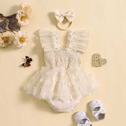 Rompers Newborn Baby Girl Easter Outfit Floral Mesh Romper Dress Ruched Long Sleeve Bodysuit Jumpsuits with Headband H240508