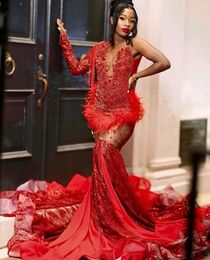 2024 Red Sequined Prom Dresses Crystal Tassel Mermaid Evening Gowns Rhinestones Black Girls Formal Party Outfits