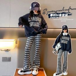 Clothing Sets Girls' Casual Set 2024 Spring Korean Version Long Sleeved Hoodie Plaid Wide Leg Pants Two-piece Cotton