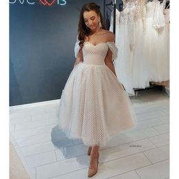 Short Wedding Dress 2021 Off Shoulder Ankle Length Point Net Bridal Gown Gorgeous For Women Brides Tulle Robe De Mariee Graceful 0509