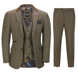 Mens 3 Piece Herringbone Tweed Suit in Brown Retro Peaky Blinders Style Fitted Man SuitsJacketPantsvest 3030289