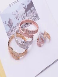 Luxury Fashion Brand Jewelry Sets Lady Brass Full Diamond Single Wrap Serpent 18K Gold Open Wide Bracelets Rings Sets (1Sets) 3 Color4808978