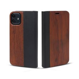 Wooden leather flip phone case can hold credit cards for comprehensive protection, vintage high-end flip