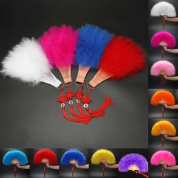 Chinese Style Products Vintage Full Velvet Folding Fan Chinese Knot Tassel Pendant Colourful Feather Hand Fan Wedding Party Dance Props Decoration