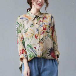 Women's Blouses 2024 Spring Autumn Arts Style Women Long Sleeve Turn-down Collar Loose Casual Shirt Vintage Print Cotton Linen Blouse V389