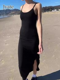 Casual Dresses 2024 Summer Black Slim Split Maxi Dress Women Sleeveless Strapless Beach Simple Fashion All-match Female Vestidos