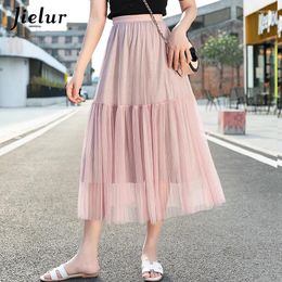 Skirts 2024 Summer A-line Skirt Mesh Tulle Womens Loose Slim Solid Color Chic Elastic Waist Female Jupe Tutu