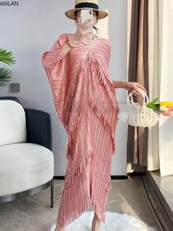 Casual Dresses ANLAN Female Fashion Miyake Pleated Spliced Tassel Dress V-Neck Batwing Sleeve Medium Long For Women 2024 6AN2619