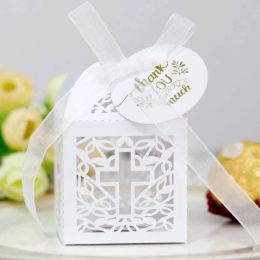 50pcs Pearl Paper White Crossing Chocolate Candy Box Angel Baby Shower Gift Box The First Communion Kids Birthday Party Decor