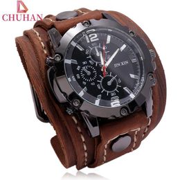 Wristwatches CHUHAN Fashion Punk Wide Leather Bracelet Watches Black Brown Bangles For Men Vintage Wristband Clock Jewellery C629 280E
