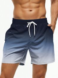 Men's Shorts Beach Gradient Color Block Drawstring Summer Swim Trunks Elastic Waist 3D Print Breathable Short Streetwear