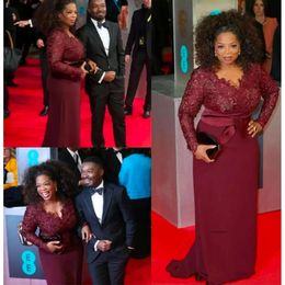 Mew Oprah Winfrey Bury Long Sleeves Sexy Mother of the Bride Dresses V-Neck Sheer Lace Sheath Plus Size Celebrity Red Carpet Gowns 0509