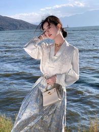 Work Dresses Korean Suit Women'S Horse Dress Long Skirt Country Style Embroidery Elegant Shirt Fairy 2-Piece