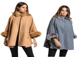 2018 Women Winter Wool Poncho and Capes with Faux Fox Fur Stand Collar Overcoat Flare Sleeve Button Cardigan S3XL7486659