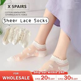 Women Socks 5 Pairs Free Size White Ultrathin Cute Transparent Crystal Silk Lace Elastic Short Sock Summer Girls